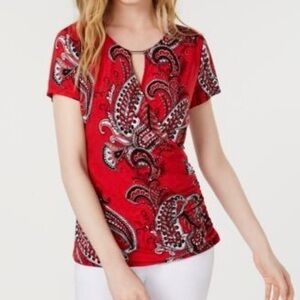 INC International Concepts Red Paisley Short Sleeve Top